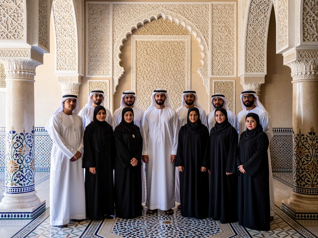 Adult visitors in respectful traditional Emirati clothing during a supervised palace photography experience