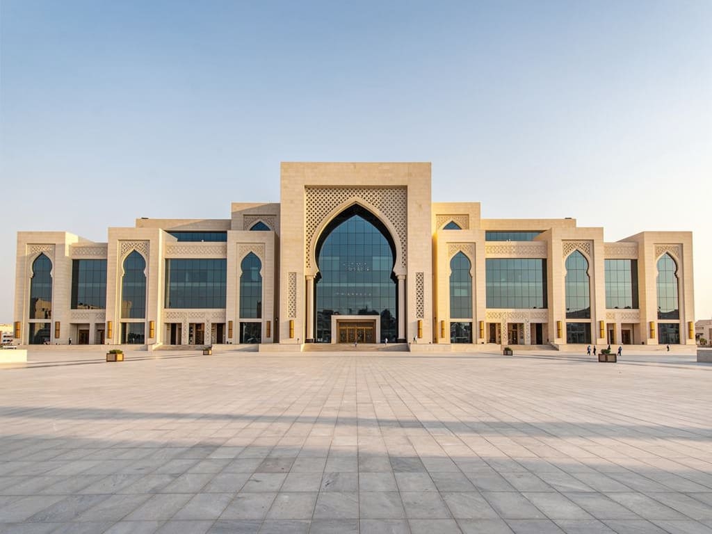 Grand palace exterior in Abu Dhabi viewed across its forecourt